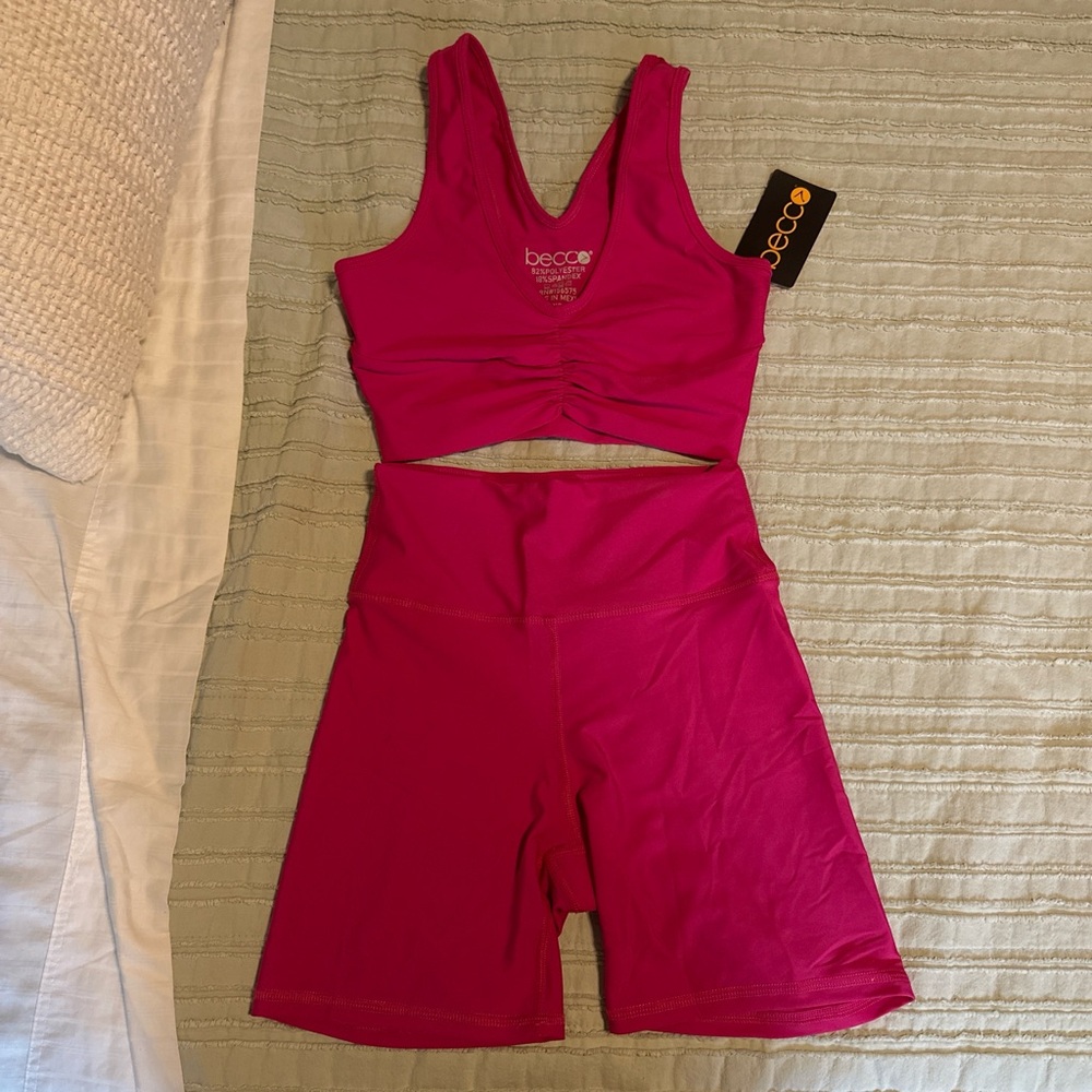 Becco Hot Pink Workout Set - Ruched Sports Bra and Shorts